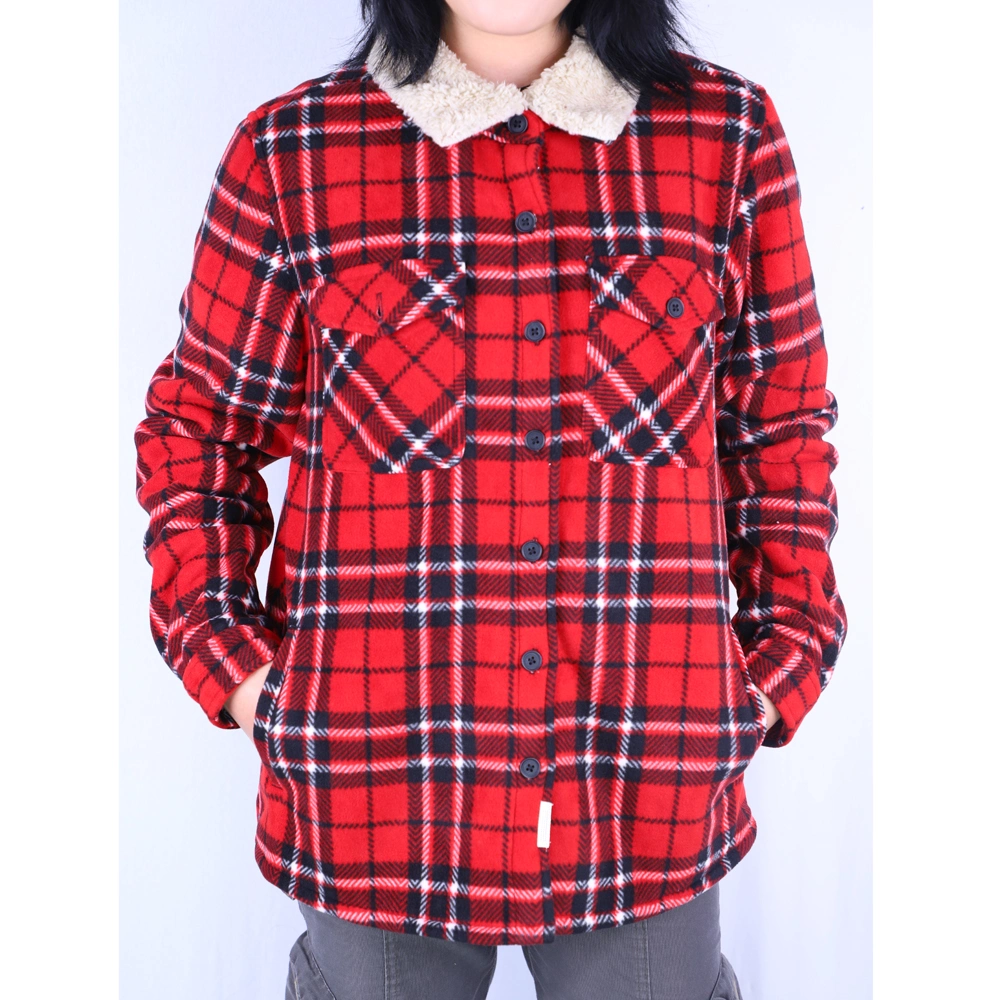 2022 Fashion Plaid Button Collar Long Sleeve Fleece Lining Women′s Shirt