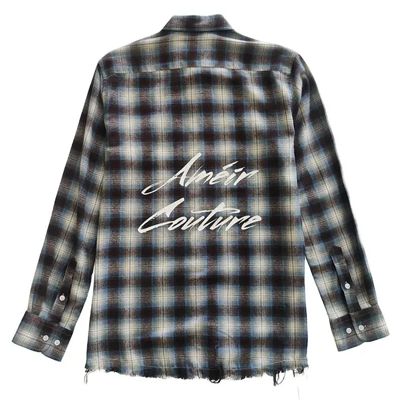 Latest Streetwear Cotton Custom Logo Printed Vintage Distressed Raw Hem Mens Plaid Flannel Shirt Printing