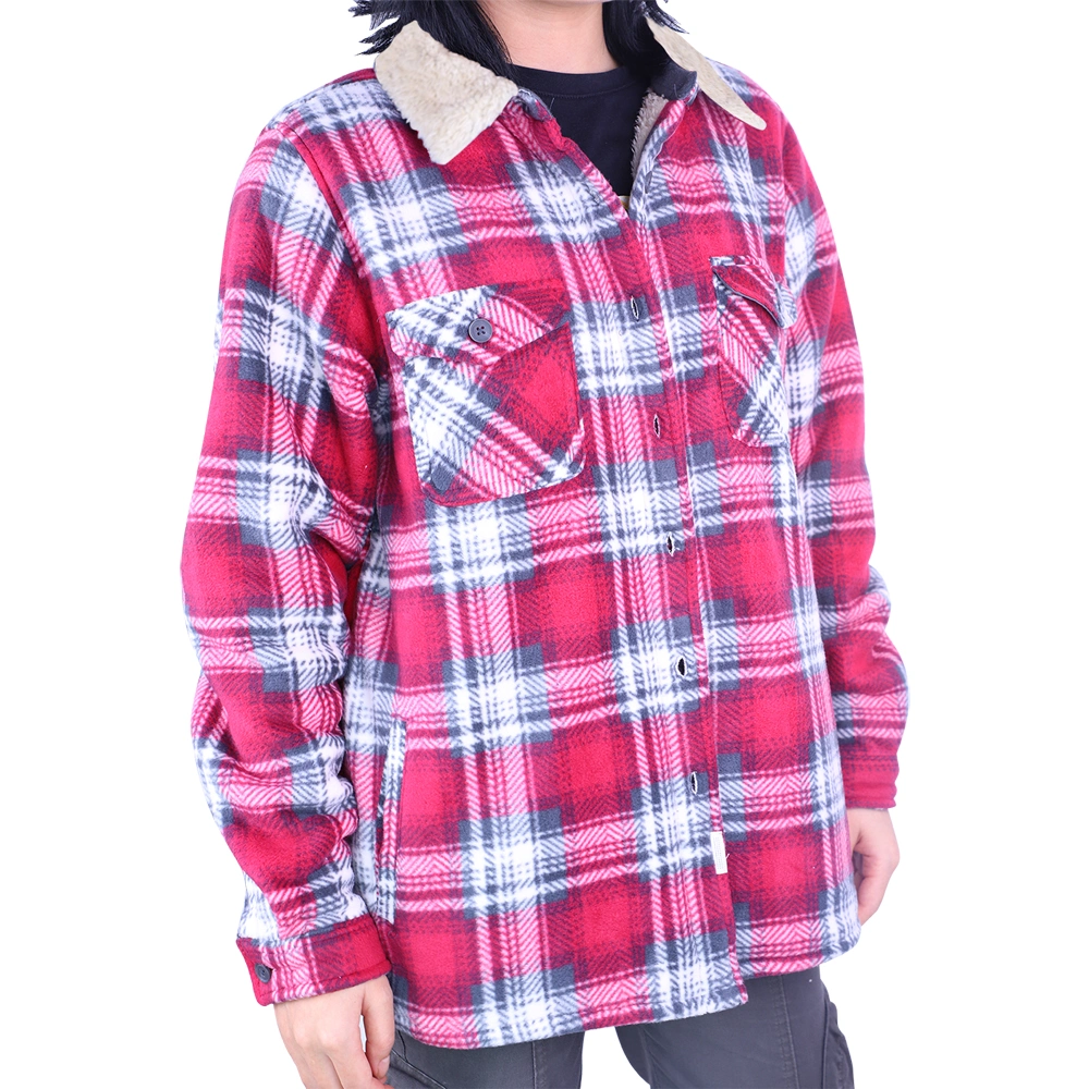 2022 Fashion Plaid Button Collar Long Sleeve Fleece Lining Women′s Shirt